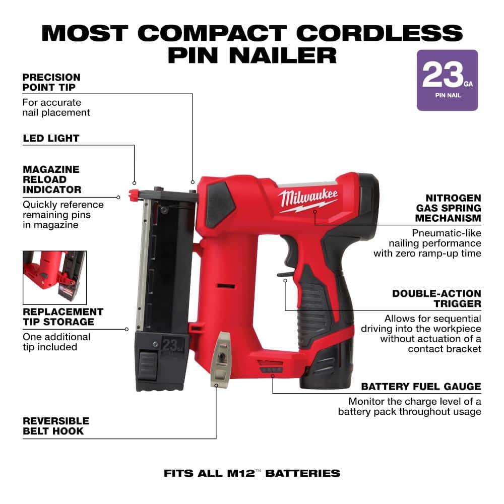 Milwaukee M12 12-Volt 23-Gauge Lithium-Ion Cordless Pin Nailer Kit with 1.5 Ah Battery, Charger and Tool Bag 2540-21