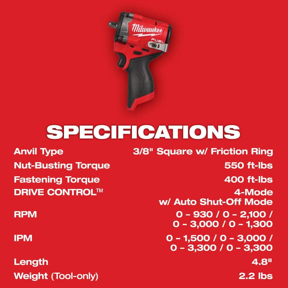 Milwaukee M12 FUEL 12V Lithium-Ion Brushless Cordless Stubby 3/8 in. Impact Wrench (Tool-Only) 2562-20
