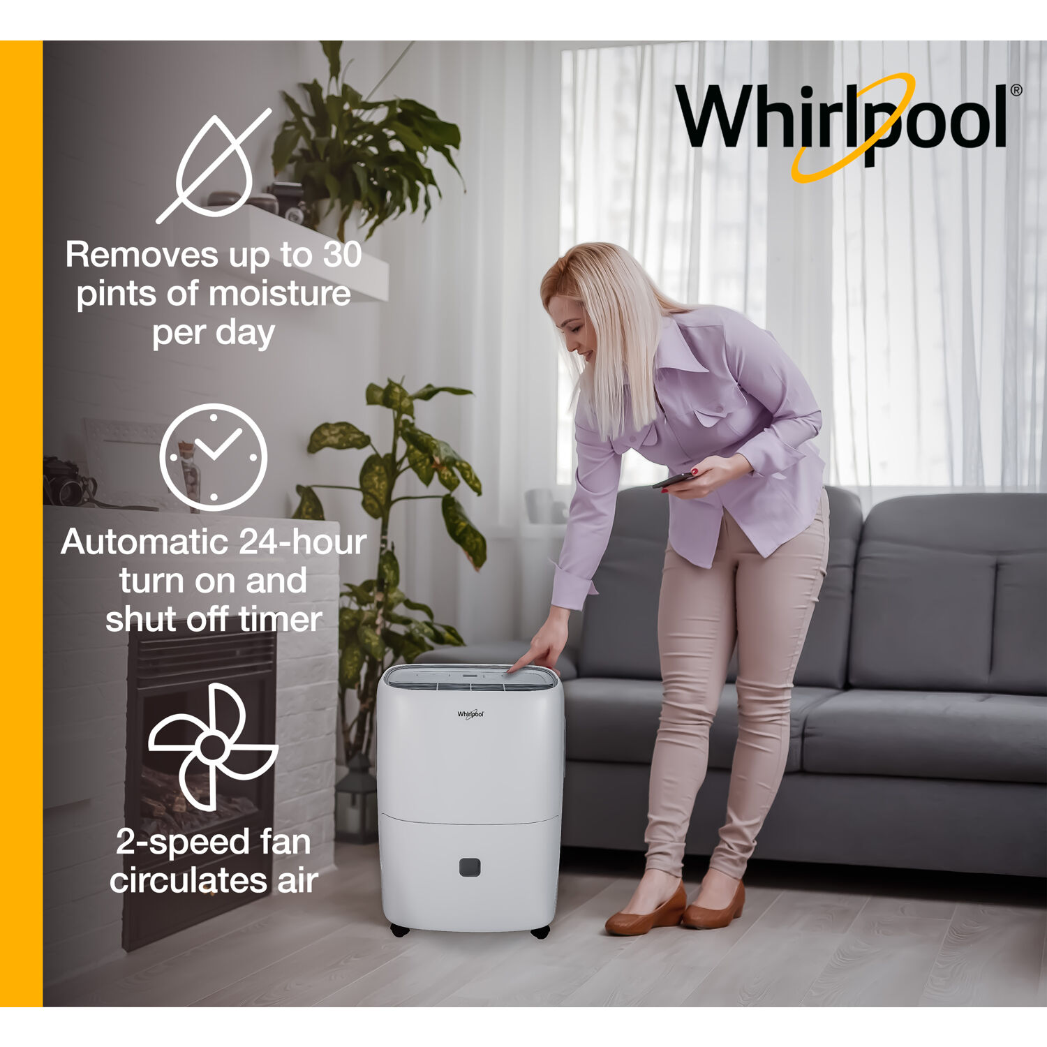 Whirlpool 2.1-Gallon 30 -Pint 2 -Speed Dehumidifier ENERGY STAR Certified (For Rooms 1501 - 3000 Square Feet) White