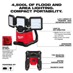 Milwaukee M18 18-Volt Lithium-Ion Cordless 4500 Lumens ROVER Dual Power Triple-Panel Flood & Area Light (Tool-Only) 2368-20