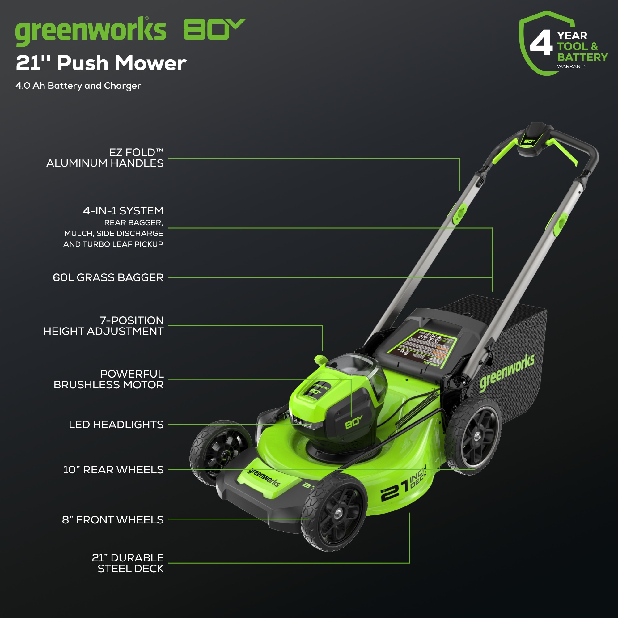Greenworks 80-volt, 21-in Push Battery Walk Mower with (1) 4 Ah Battery Included