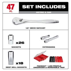 Milwaukee 1/2 in. Drive SAE/Metric Ratchet and Socket Mechanics Tool Set with PACKOUT Case (47-Piece) 48-22-9487