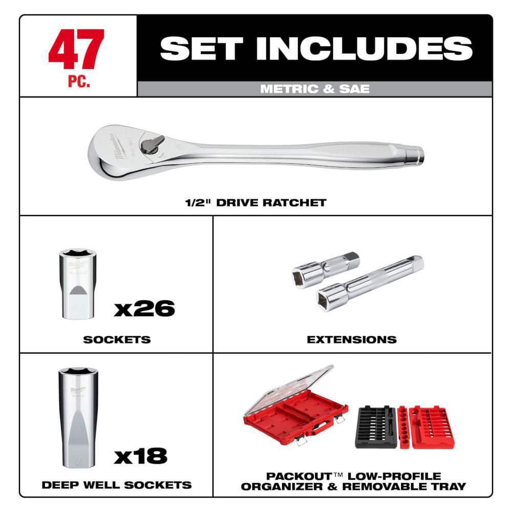 Milwaukee 1/2 in. Drive SAE/Metric Ratchet and Socket Mechanics Tool Set with PACKOUT Case (47-Piece) 48-22-9487