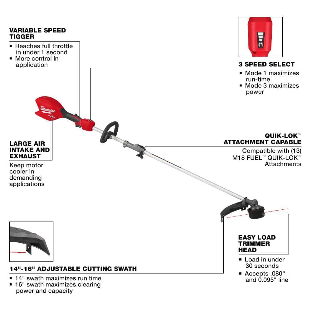Milwaukee M18 FUEL 18V 16 in. Brushless Cordless Battery Powered String Trimmer with QUIK-LOK Attachment Capability (Tool-Only) 3016-20ST