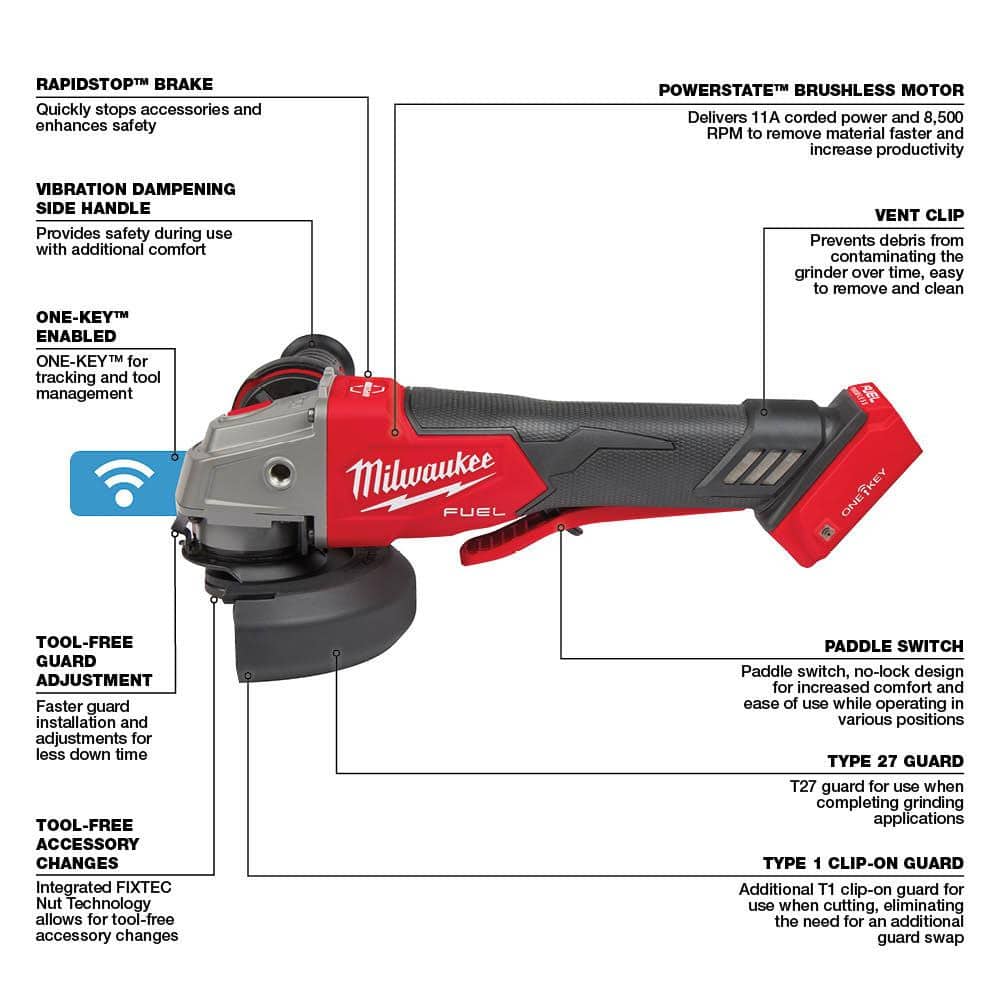 Milwaukee M18 FUEL 18V Lithium-Ion Brushless Cordless 4-1/2 in./5 in. Braking Grinder With Paddle Switch (Tool-Only) 2882-20