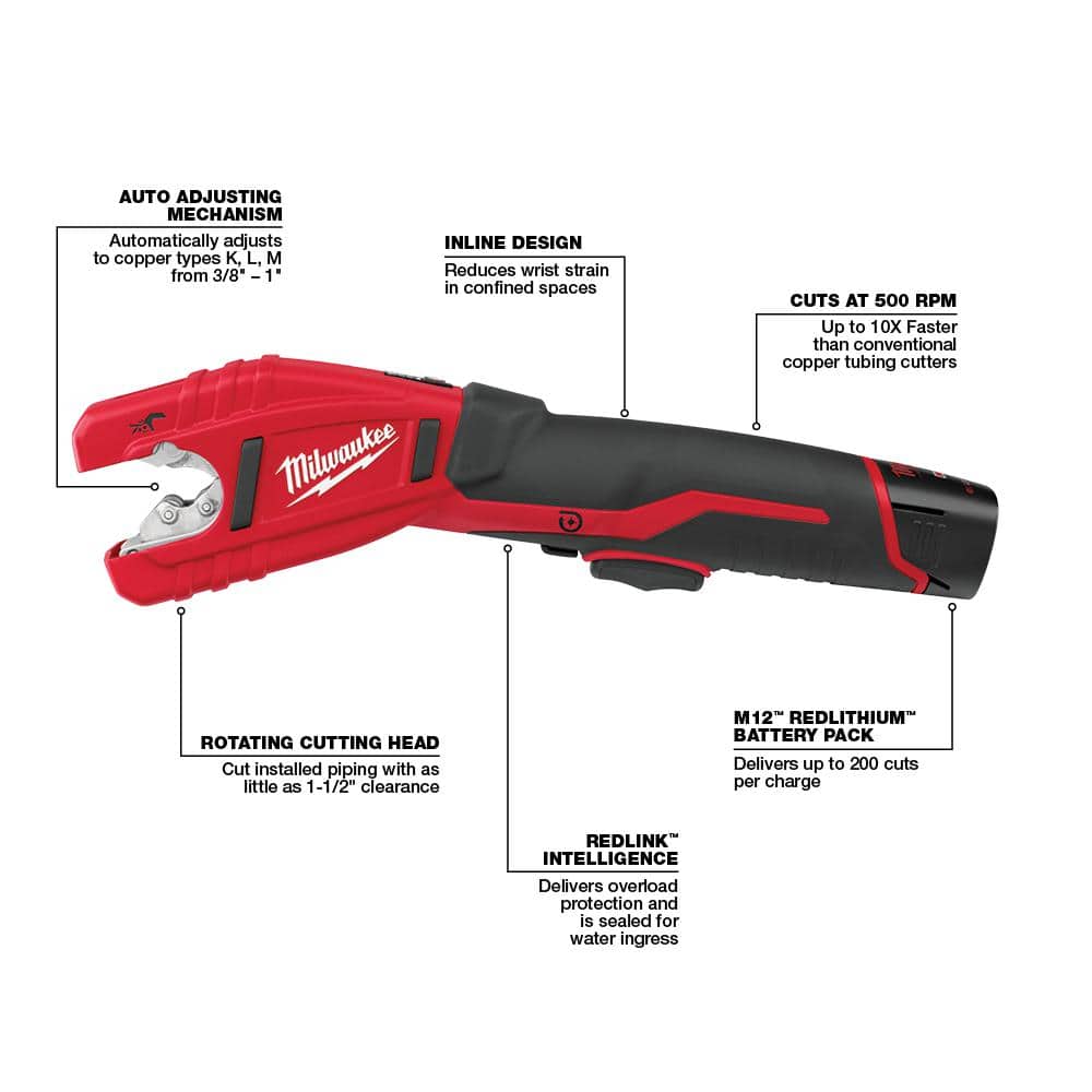 Milwaukee M12 12V Lithium-Ion Cordless Copper Tubing Cutter Kit with 1.5 Ah Battery, Charger and Hard Case 2471-21