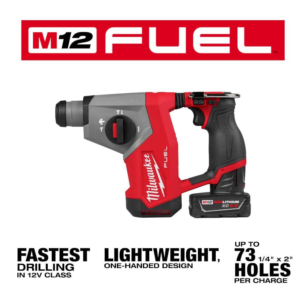 Milwaukee M12 FUEL 12V Lithium-Ion Brushless Cordless 5/8 in. SDS Plus Rotary Hammer Kit with One 4.0Ah Battery and Bag 2508-21XC