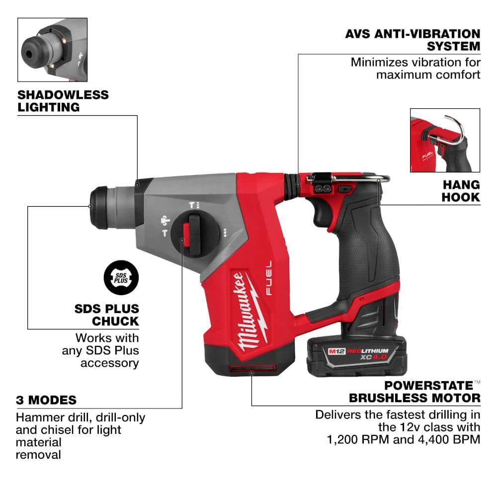 Milwaukee M12 FUEL 12V Lithium-Ion Brushless Cordless 5/8 in. SDS Plus Rotary Hammer Kit with One 4.0Ah Battery and Bag 2508-21XC
