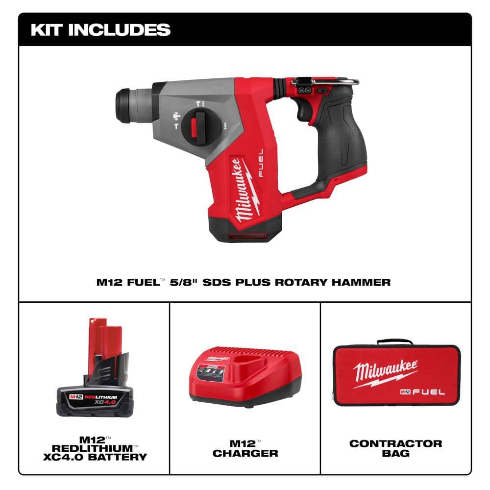 Milwaukee M12 FUEL 12V Lithium-Ion Brushless Cordless 5/8 in. SDS Plus Rotary Hammer Kit with One 4.0Ah Battery and Bag 2508-21XC