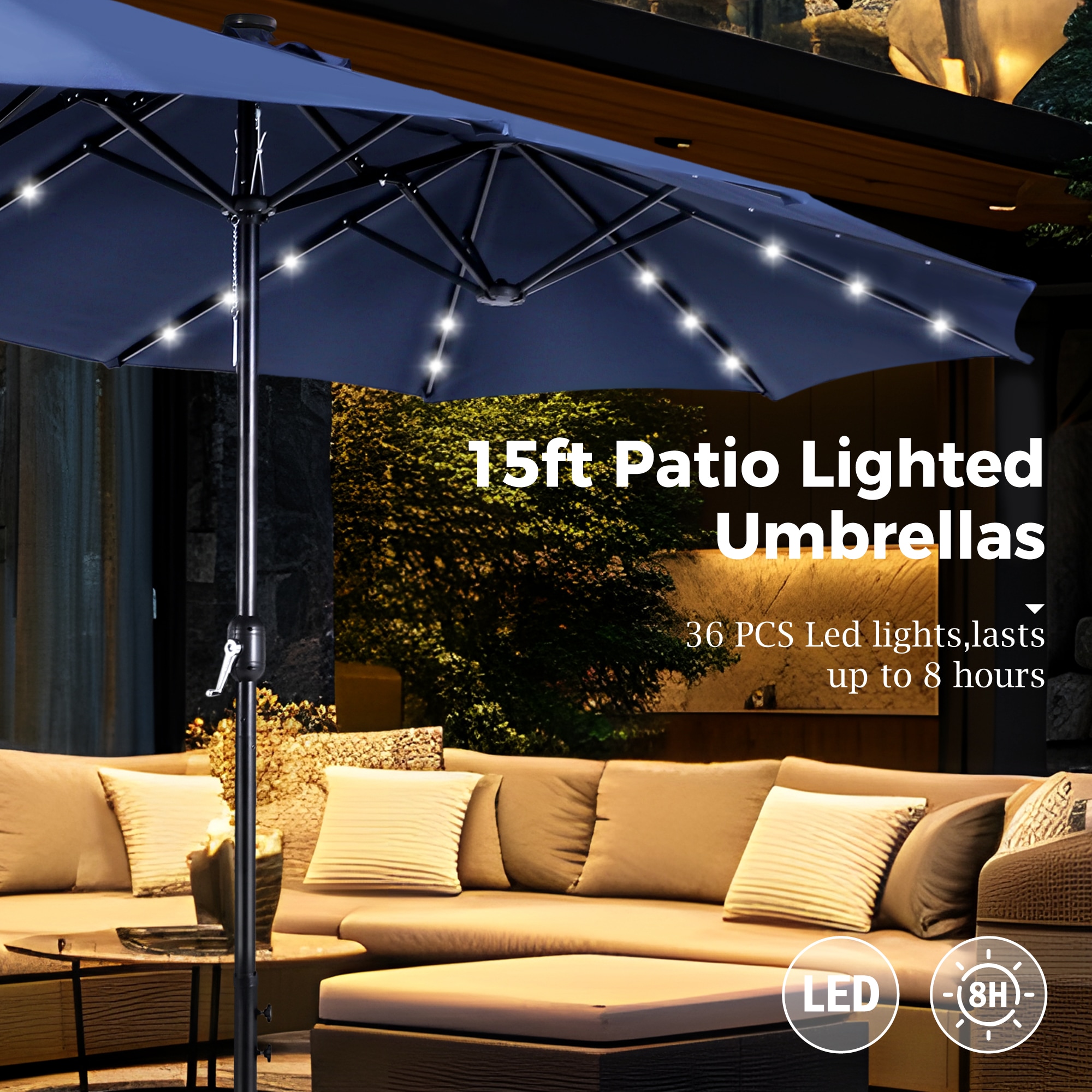 Sunshine Valley 15-Feet Steel Blue No-tilt Market Patio Umbrella with Lights and with Base