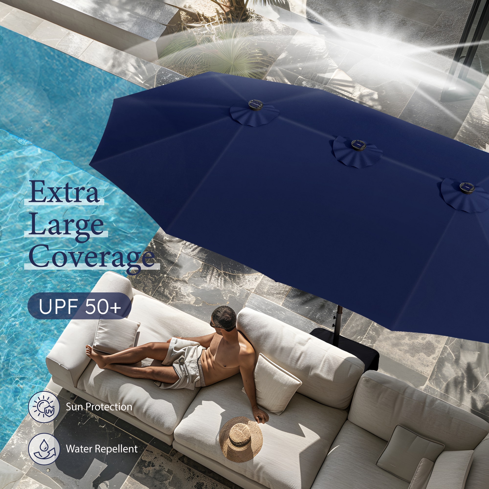 Sunshine Valley 15-Feet Steel Blue No-tilt Market Patio Umbrella with Lights and with Base