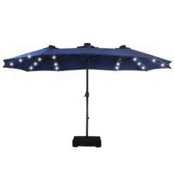 Sunshine Valley 15-Feet Steel Blue No-tilt Market Patio Umbrella with Lights and with Base