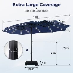 Sunshine Valley 15-Feet Steel Blue No-tilt Market Patio Umbrella with Lights and with Base