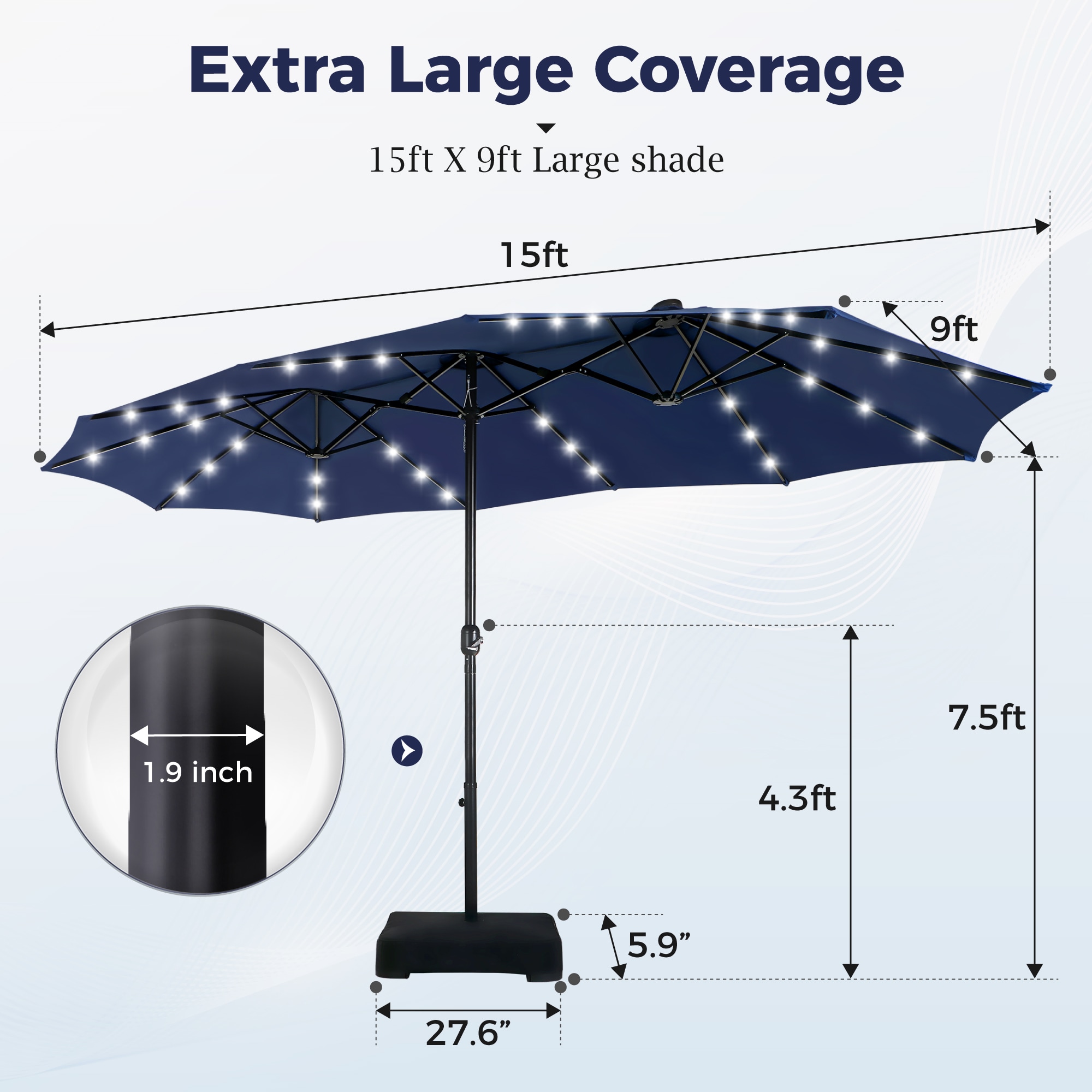 Sunshine Valley 15-Feet Steel Blue No-tilt Market Patio Umbrella with Lights and with Base