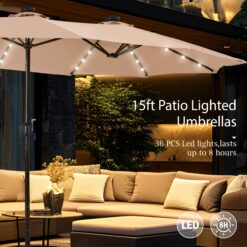 Sunshine Valley 15-Feet Steel Beige No-tilt Market Patio Umbrella with Lights and with Base