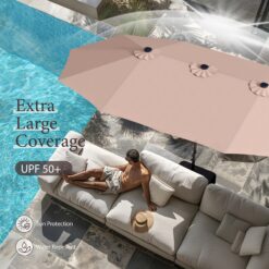 Sunshine Valley 15-Feet Steel Beige No-tilt Market Patio Umbrella with Lights and with Base