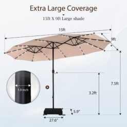 Sunshine Valley 15-Feet Steel Beige No-tilt Market Patio Umbrella with Lights and with Base