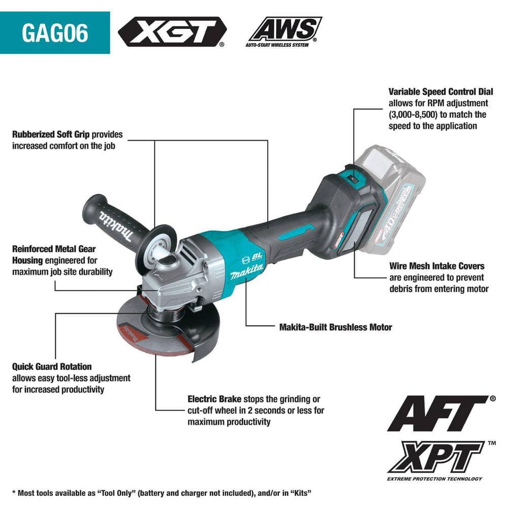 Makita 40V Max XGT Brushless Cordless 4-1/2/5 in. Paddle Switch Angle Grinder with Electric Brake, AWS Capable (Tool Only) GAG06Z