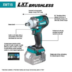 Makita 18V LXT Lithium-Ion Brushless Cordless 4-Speed 1/2 in. Impact Wrench with Detent Anvil (Tool-Only) XWT15Z