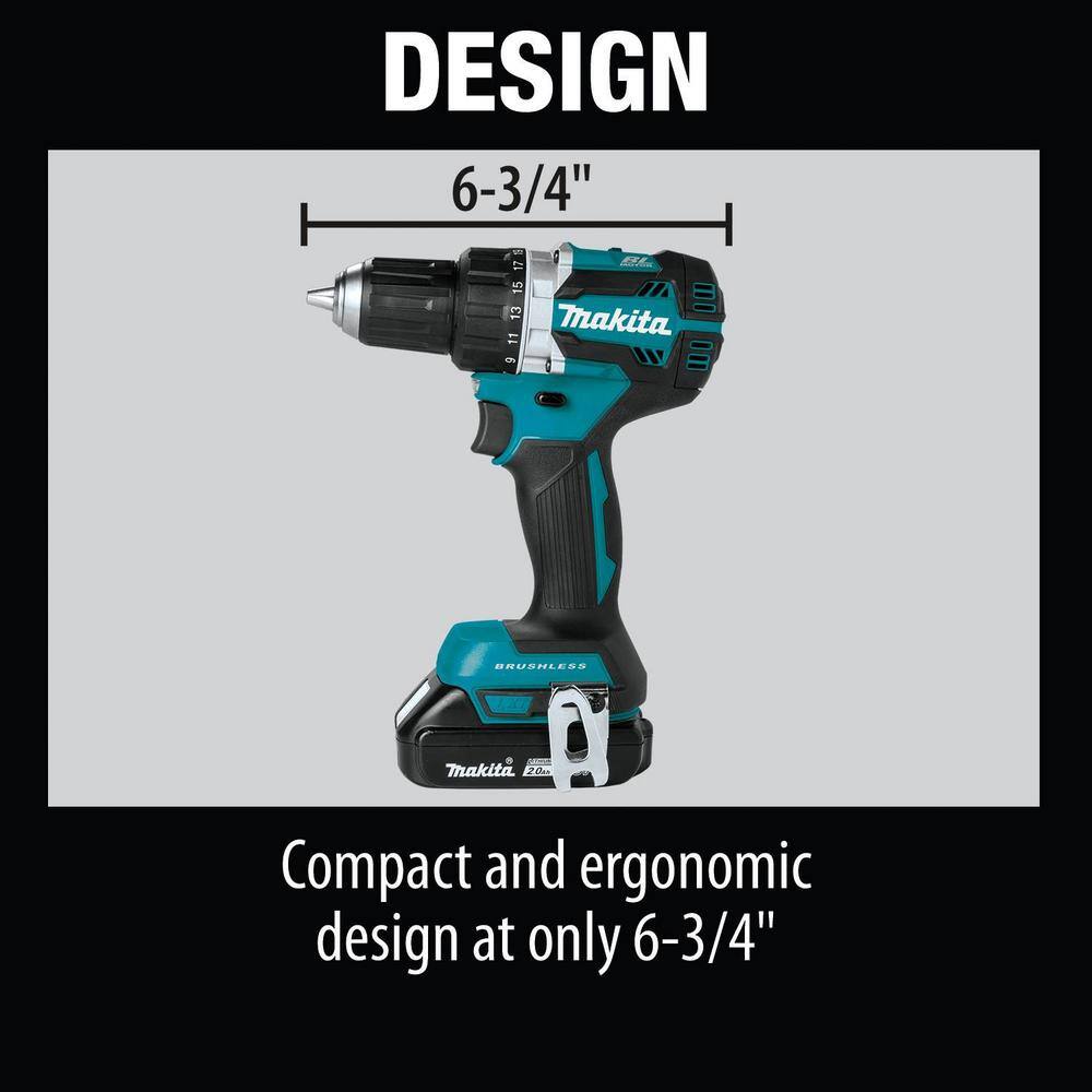 Makita 18V LXT Lithium-Ion Compact Brushless Cordless 1/2 in. Driver-Drill Kit w/ (2) Batteries (2.0Ah), Charger, Bag XFD12R