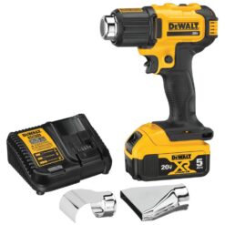 DEWALT 20V MAX Cordless Compact Heat Gun, Flat and Hook Nozzle Attachments with (1) 20V 5.0Ah Battery and Charger DCE530P1