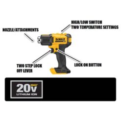 DEWALT 20V MAX Cordless Compact Heat Gun, Flat and Hook Nozzle Attachments with (1) 20V 5.0Ah Battery and Charger DCE530P1