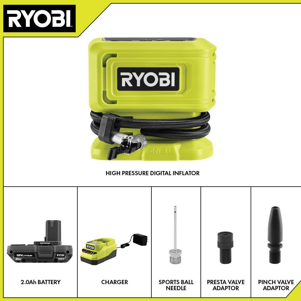 RYOBI ONE+ 18V Cordless High Pressure Inflator Kit with 2.0 Ah Battery and Charger PCL001K1