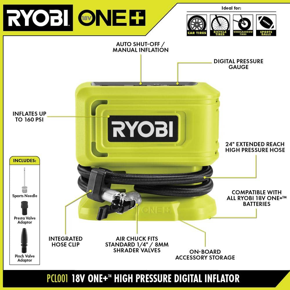 RYOBI ONE+ 18V Cordless High Pressure Inflator Kit with 2.0 Ah Battery and Charger PCL001K1