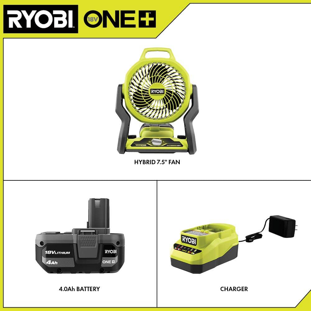 RYOBI ONE+ 18V Cordless Hybrid WHISPER SERIES 7-1/2 in. Fan Kit with 4.0 Ah Battery and Charger PCL811K1