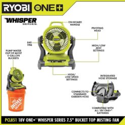 RYOBI ONE+ 18V Cordless 7-1/2 in. Bucket Top Misting Fan Kit with 1.5 Ah Battery and Charger PCL851K