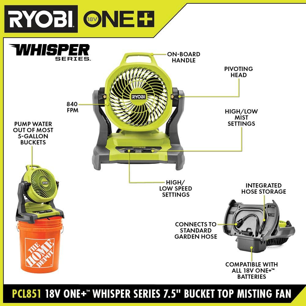 RYOBI ONE+ 18V Cordless 7-1/2 in. Bucket Top Misting Fan Kit with 1.5 Ah Battery and Charger PCL851K