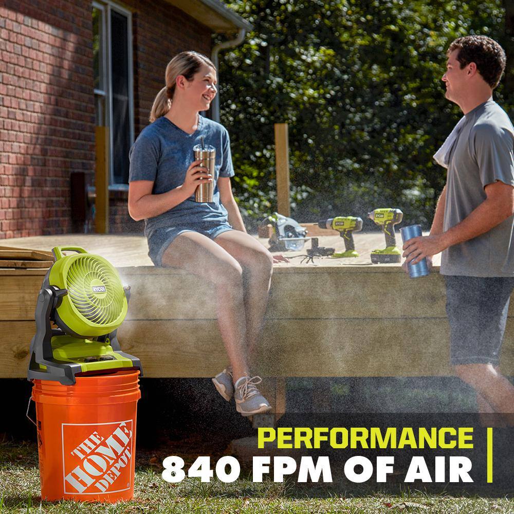 RYOBI ONE+ 18V Cordless 7-1/2 in. Bucket Top Misting Fan Kit with 1.5 Ah Battery and Charger PCL851K