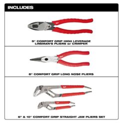 Milwaukee 10 in. High Leverage Lineman's Pliers with Crimper and Long Nose Pliers & 6 in./10 in. Straight-Jaw Pliers Set (4-Piece) 48-22-6100-48-22-6101-48-22-6330