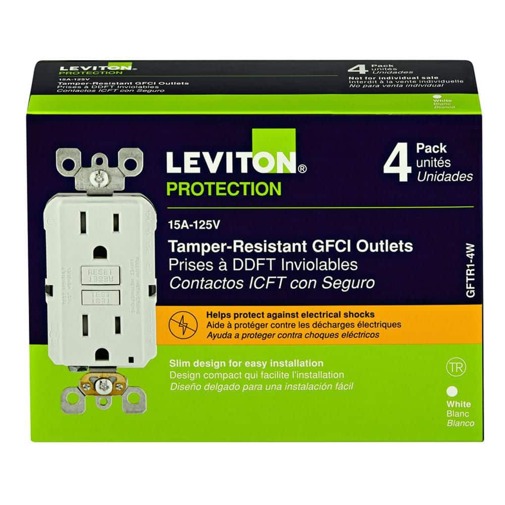 Leviton 15 Amp 125-Volt Duplex SmarTest Self-Test SmartlockPro Tamper Resistant GFCI Outlet, White (4-Pack) M42-GFTR1-04W
