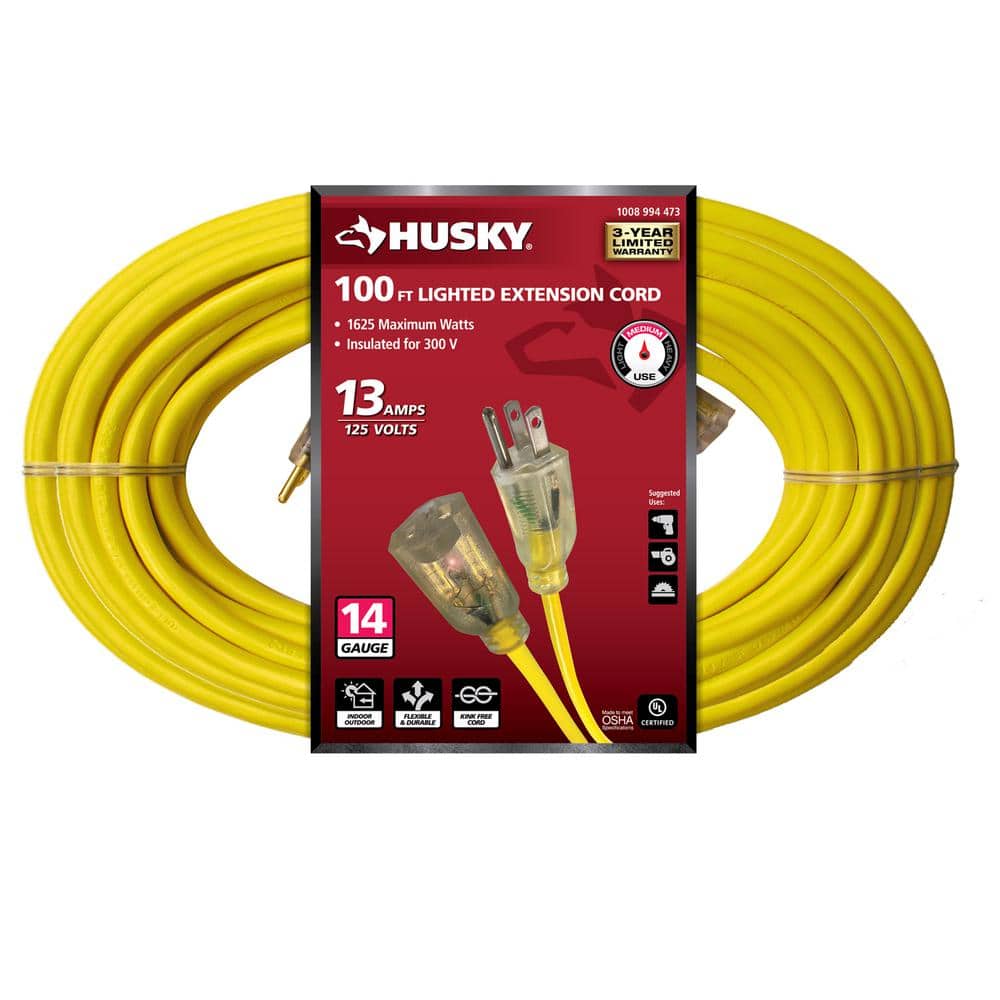 Husky 100 ft. 14/3 Medium Duty Indoor/Outdoor Extension Cord with Lighted End, Yellow 73100HY