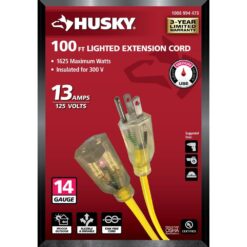 Husky 100 ft. 14/3 Medium Duty Indoor/Outdoor Extension Cord with Lighted End, Yellow 73100HY