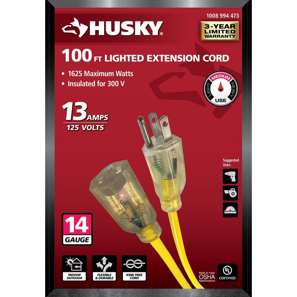 Husky 100 ft. 14/3 Medium Duty Indoor/Outdoor Extension Cord with Lighted End, Yellow 73100HY