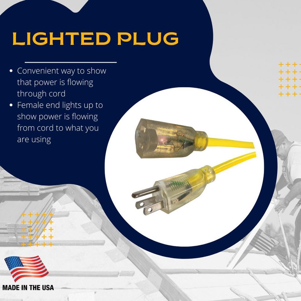 Husky 100 ft. 14/3 Medium Duty Indoor/Outdoor Extension Cord with Lighted End, Yellow 73100HY