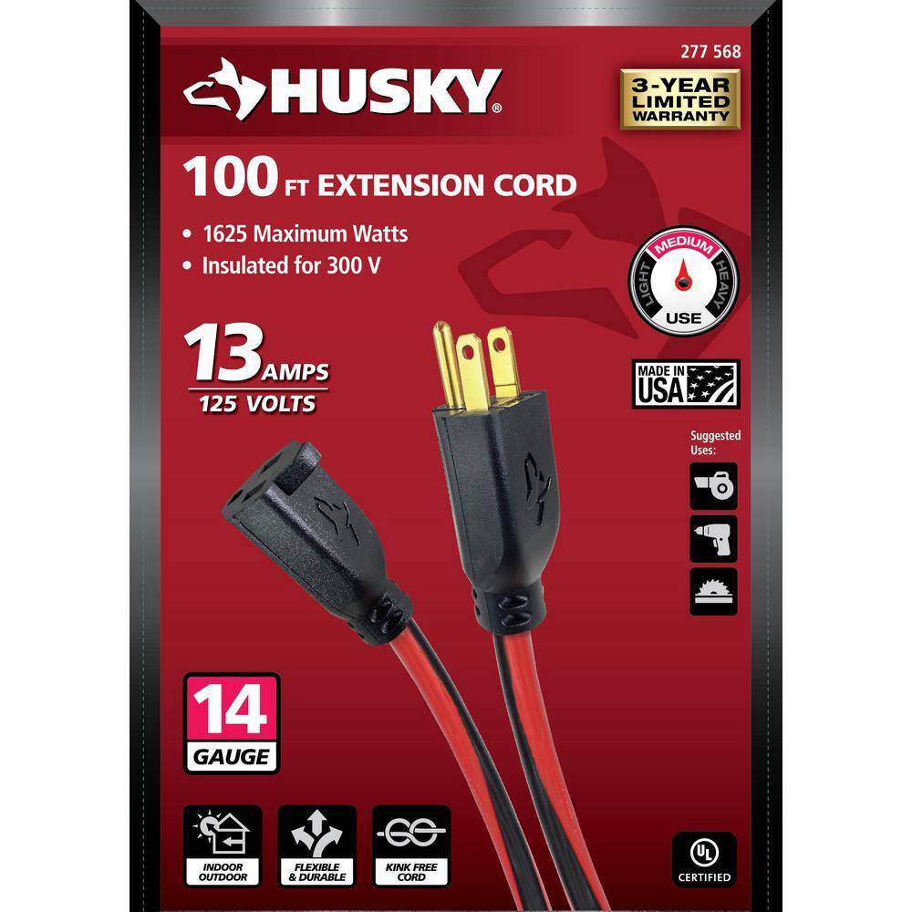 Husky 100 ft. 14/3 Medium Duty Indoor/Outdoor Extension Cord, Red/Black 63100HY