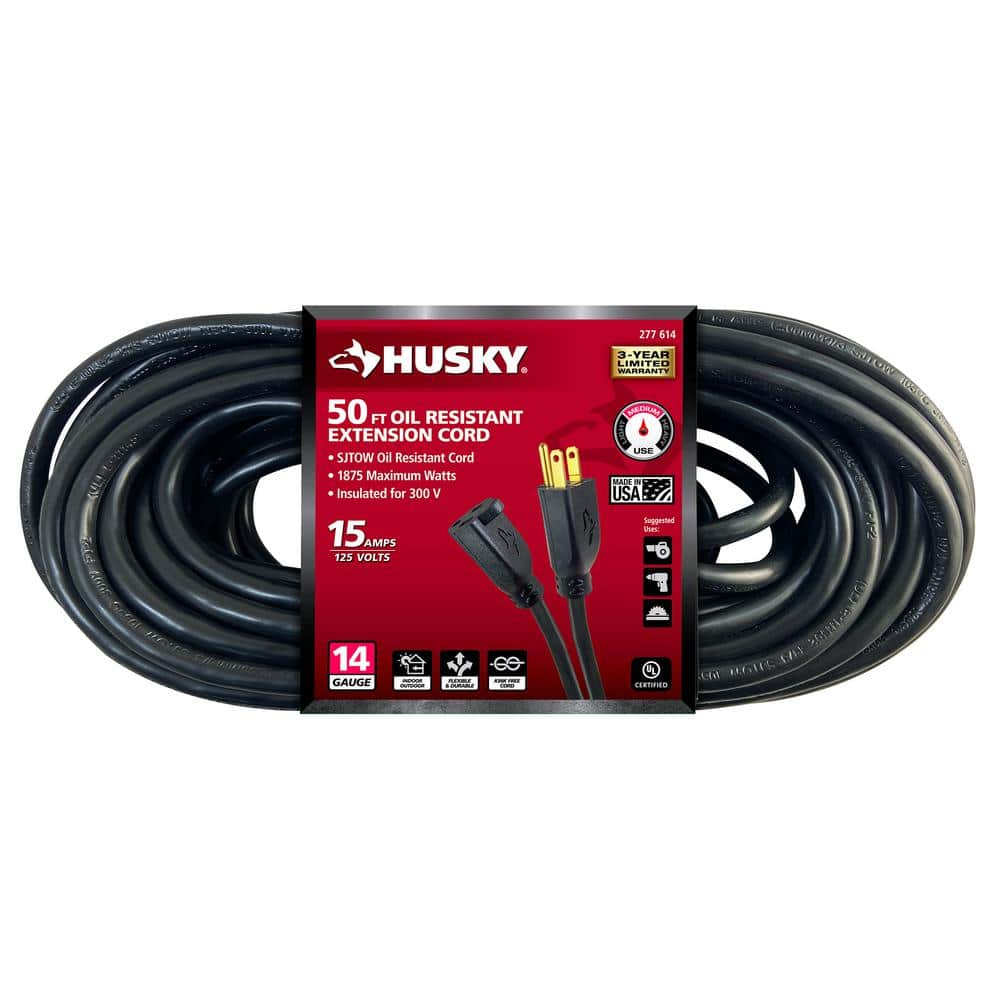 Husky 50 ft. 14/3 Medium Duty Indoor/Outdoor Oil Resistant Extension Cord, Black 57050BLKHY
