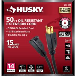 Husky 50 ft. 14/3 Medium Duty Indoor/Outdoor Oil Resistant Extension Cord, Black 57050BLKHY