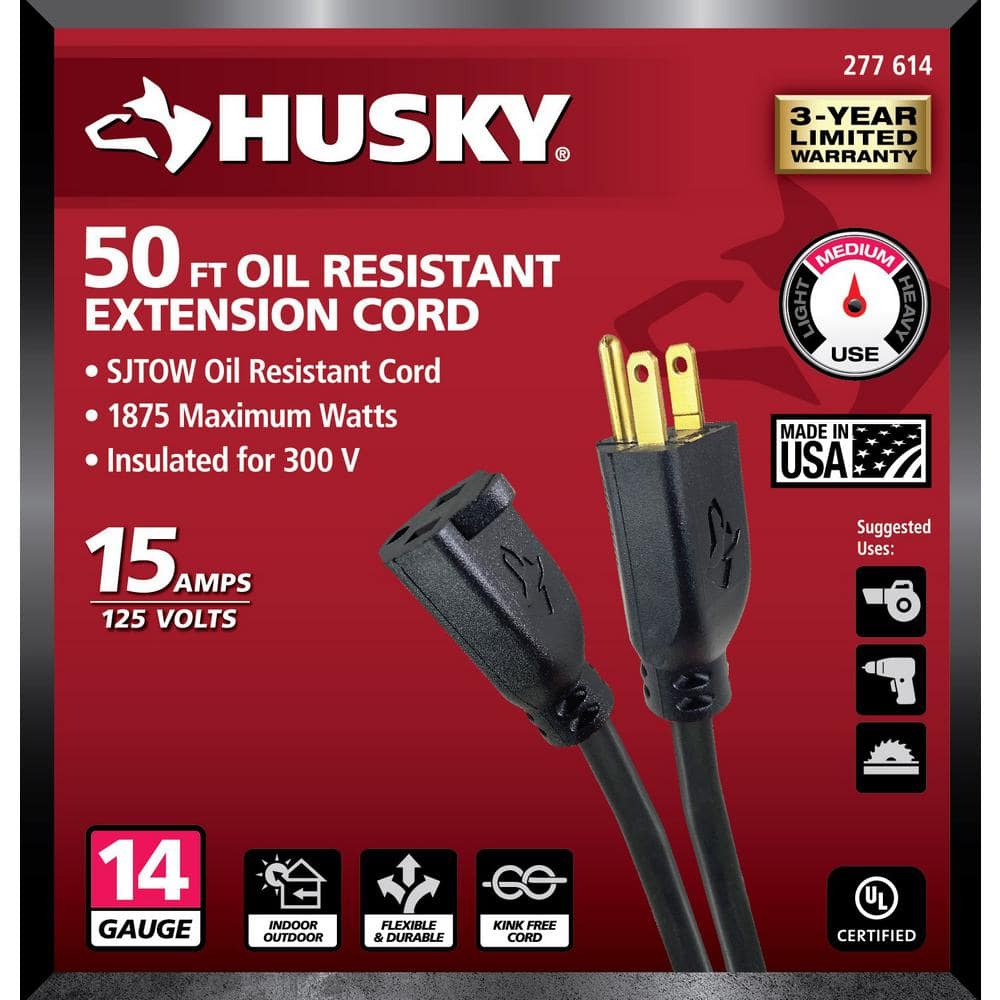 Husky 50 ft. 14/3 Medium Duty Indoor/Outdoor Oil Resistant Extension Cord, Black 57050BLKHY