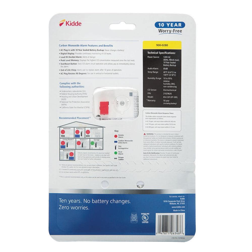 Kidde 10-Year Worry-Free Plug-In Carbon Monoxide Detector with Digital Display 21029626 21029626