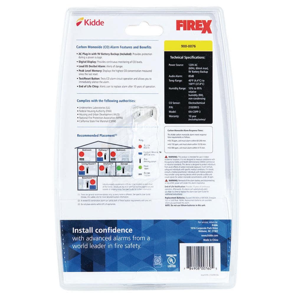 Kidde Firex Plug-in Carbon Monoxide Detector, 9V Battery Backup, Digital Display 21029915