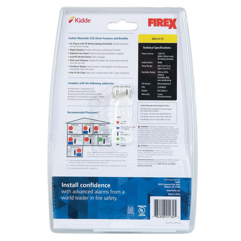 Kidde Firex Plug-In Explosive Gas and Carbon Monoxide Detector, 9V Battery Backup 21029623 21029623