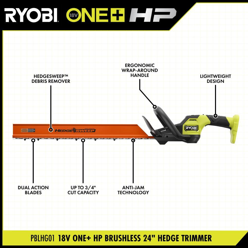 RYOBI ONE+ HP 18V Brushless 24 in. Cordless Battery Hedge Trimmer (Tool Only) PBLHG01B