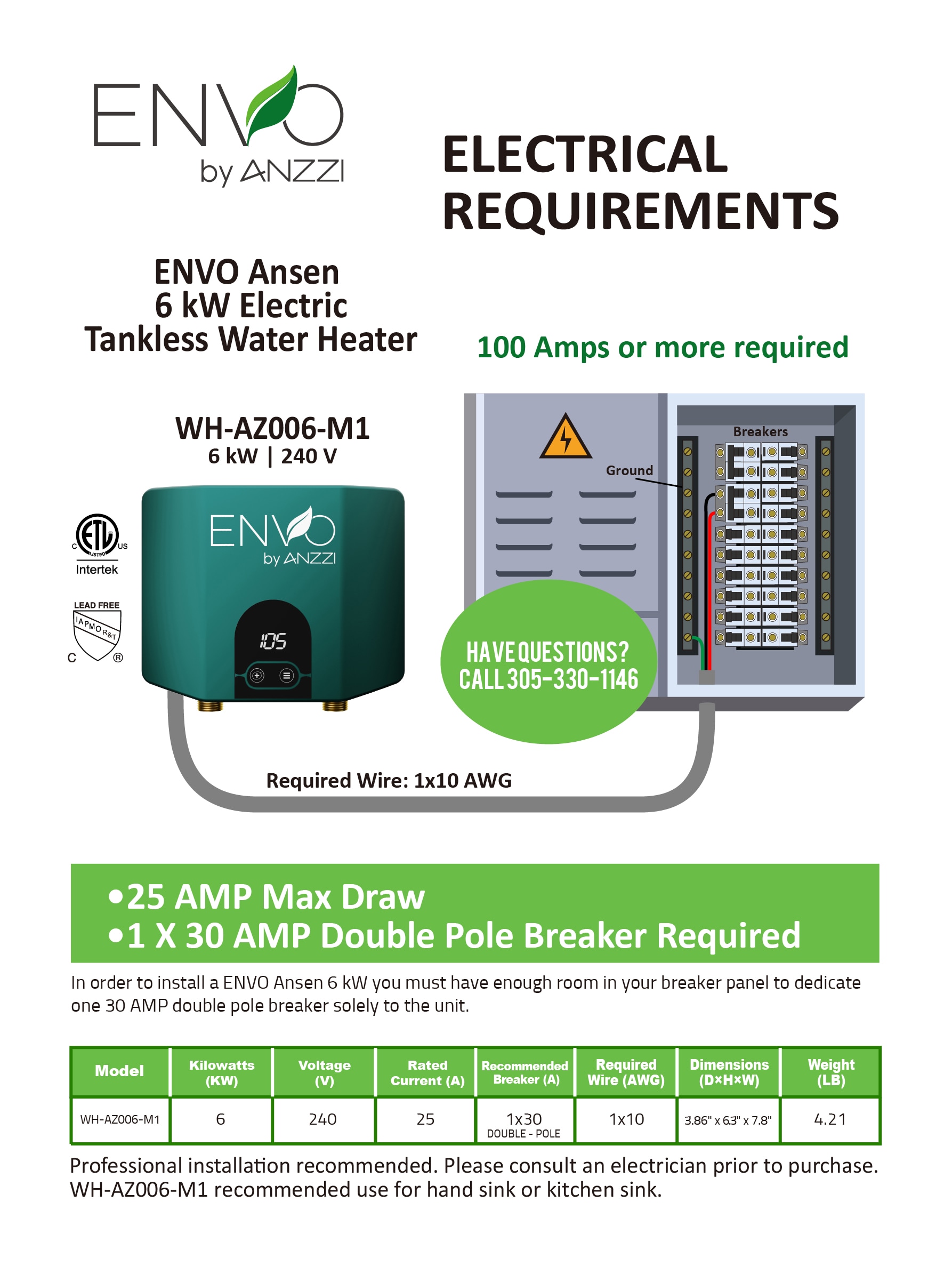 ANZZI ENVO 240-Volt 6-kW-kW 1.7-GPM Point Of Use Tankless Electric Water Heater