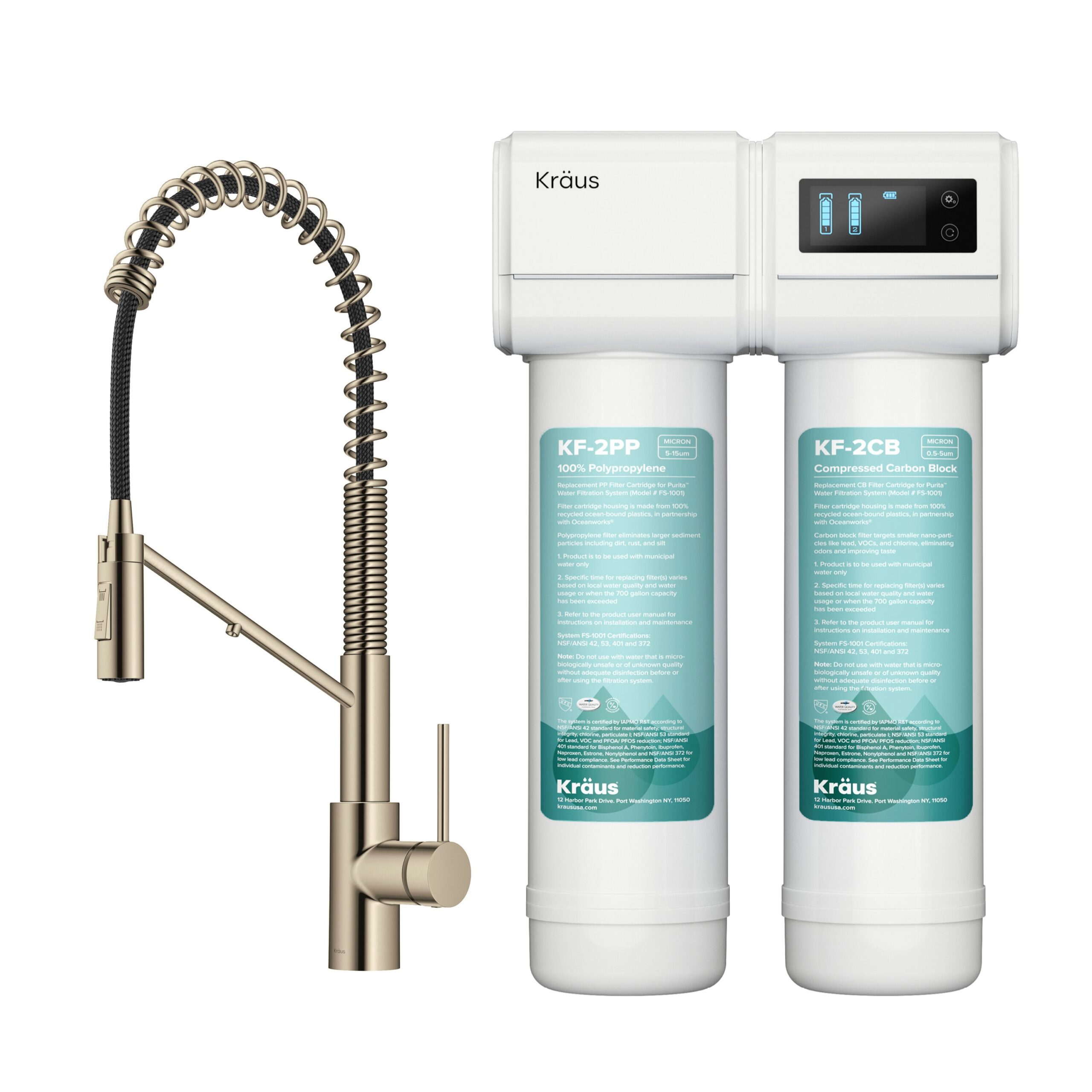 Kraus Purita Dual-stage Carbon Block Under Sink Water Filtration System with Spot Free Antique Champagne Bronze Faucet
