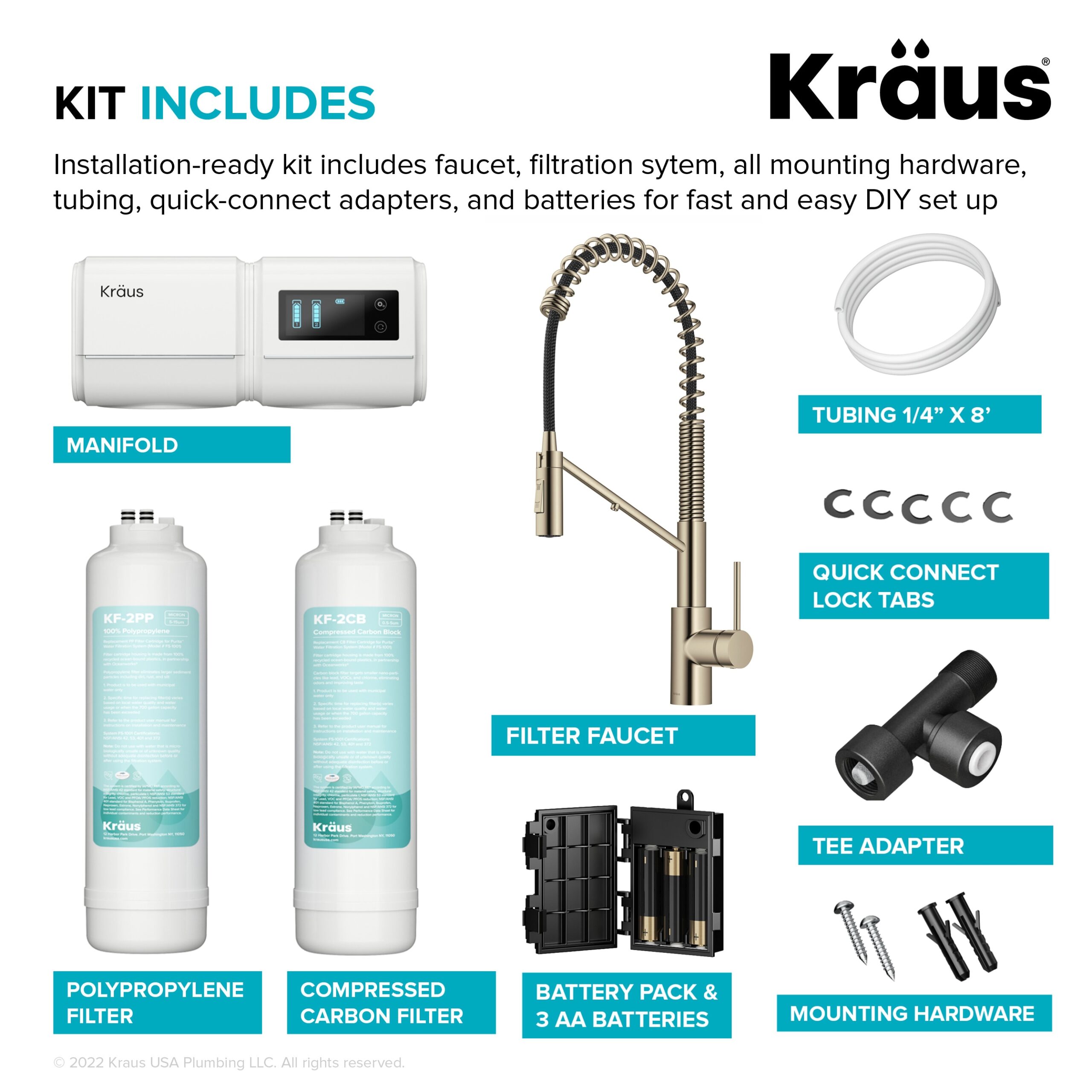 Kraus Purita Dual-stage Carbon Block Under Sink Water Filtration System with Spot Free Antique Champagne Bronze Faucet