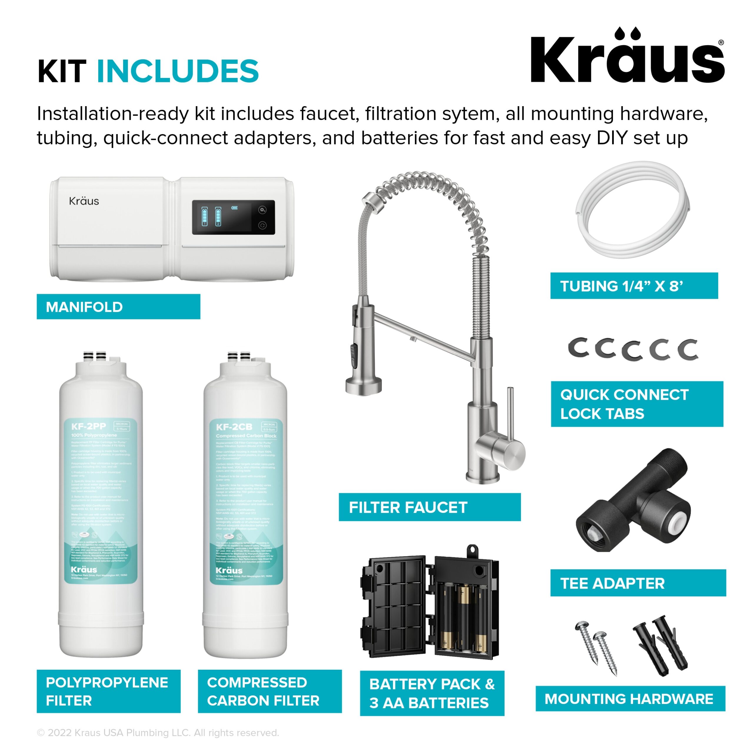 Kraus Purita Dual-stage Carbon Block Under Sink Water Filtration System with Spot Free Stainless Steel Faucet